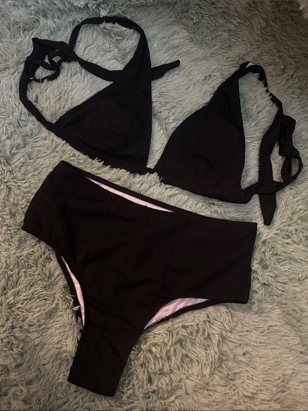 Black Ribbed Triangle Bikini Set - Women Swim